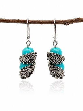 Boho Turquoise Leaf Earrings Silver Nature Dangle Earrings